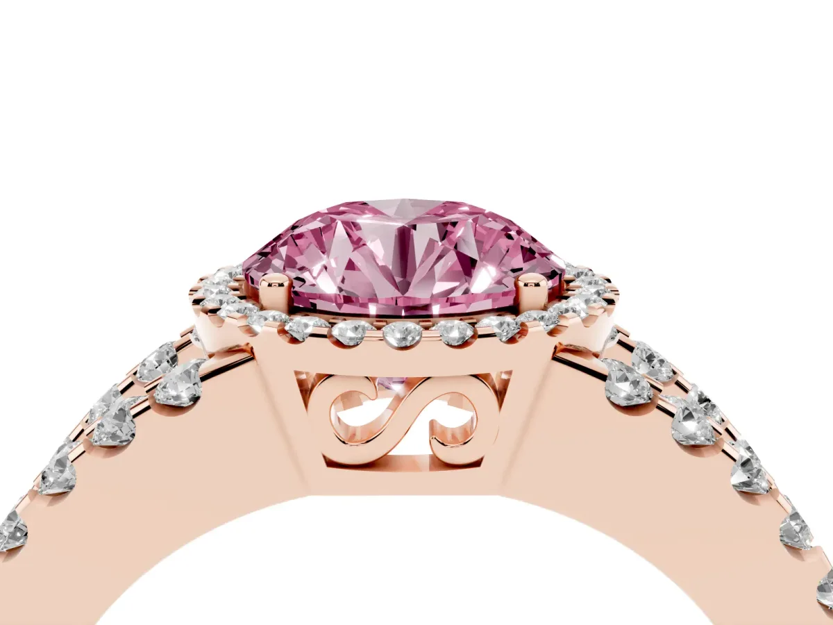 Fancy Pink Round Cut Cut Halo Split Shank Diamond Ring with Four-Prong Setting Rose gold