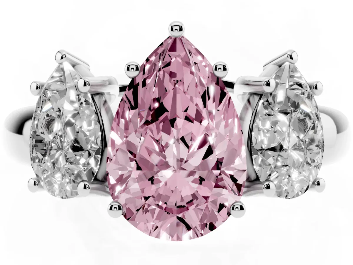 Fancy Pink Three-Stone Pear Cut Diamond Engagement Ring with Prong Setting White gold
