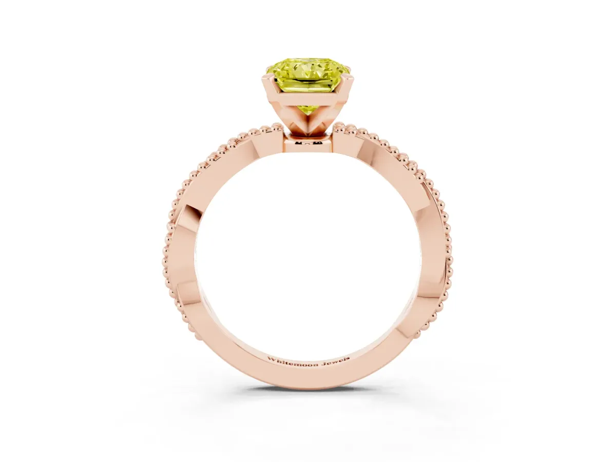 Fancy Yellow Radiant Cut Solitaire Twisted Band with Bead Prong Setting Rose gold