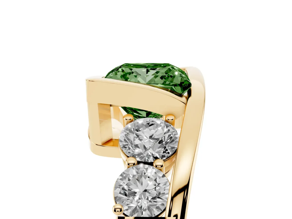 Fancy Green Bezel Set Princess Cut Diamond Bypass Ring with Round Accents Yellow gold