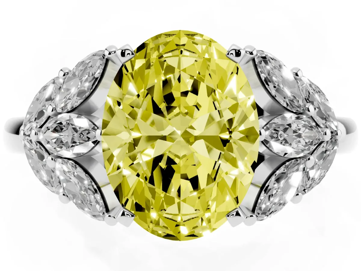 Fancy Yellow Oval Cut Diamond Cluster Leaf Design Ring with Prong Setting Platinum