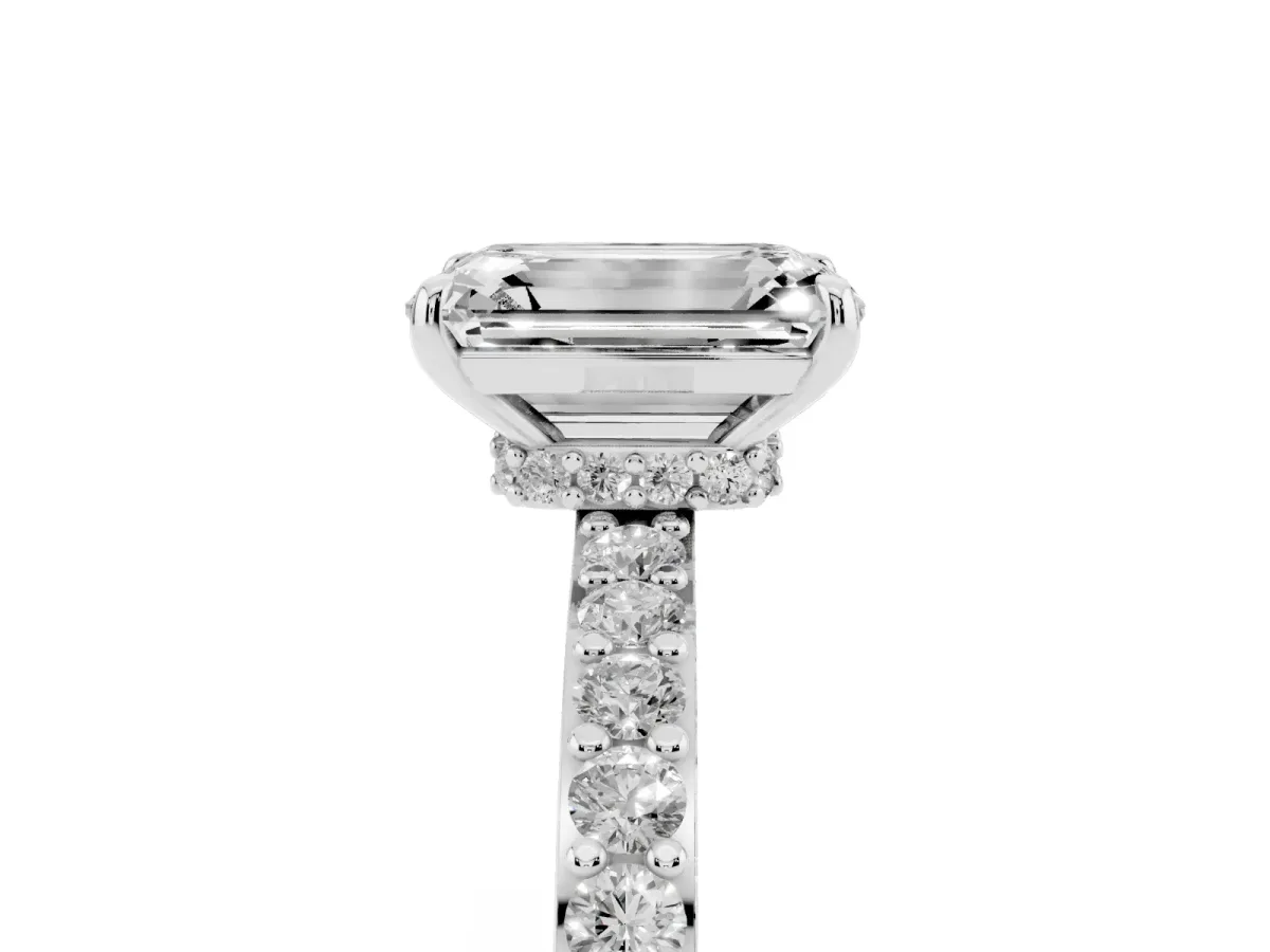 Emerald Cut Diamond Pavé Engagement Ring with Round Accents and Prong Setting Platinum