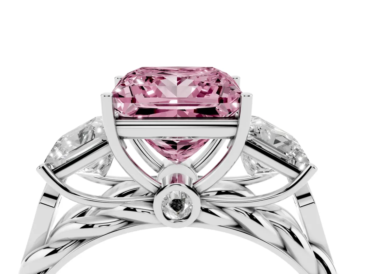 Fancy Pink Three-Stone Princess Cut Diamond Braided Band Ring with Four-Prong Setting Platinum