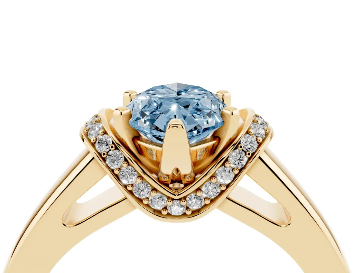 Fancy Blue Marquise Cut Solitaire Diamond Ring with Pave Band and Six-Prong Setting Yellow gold
