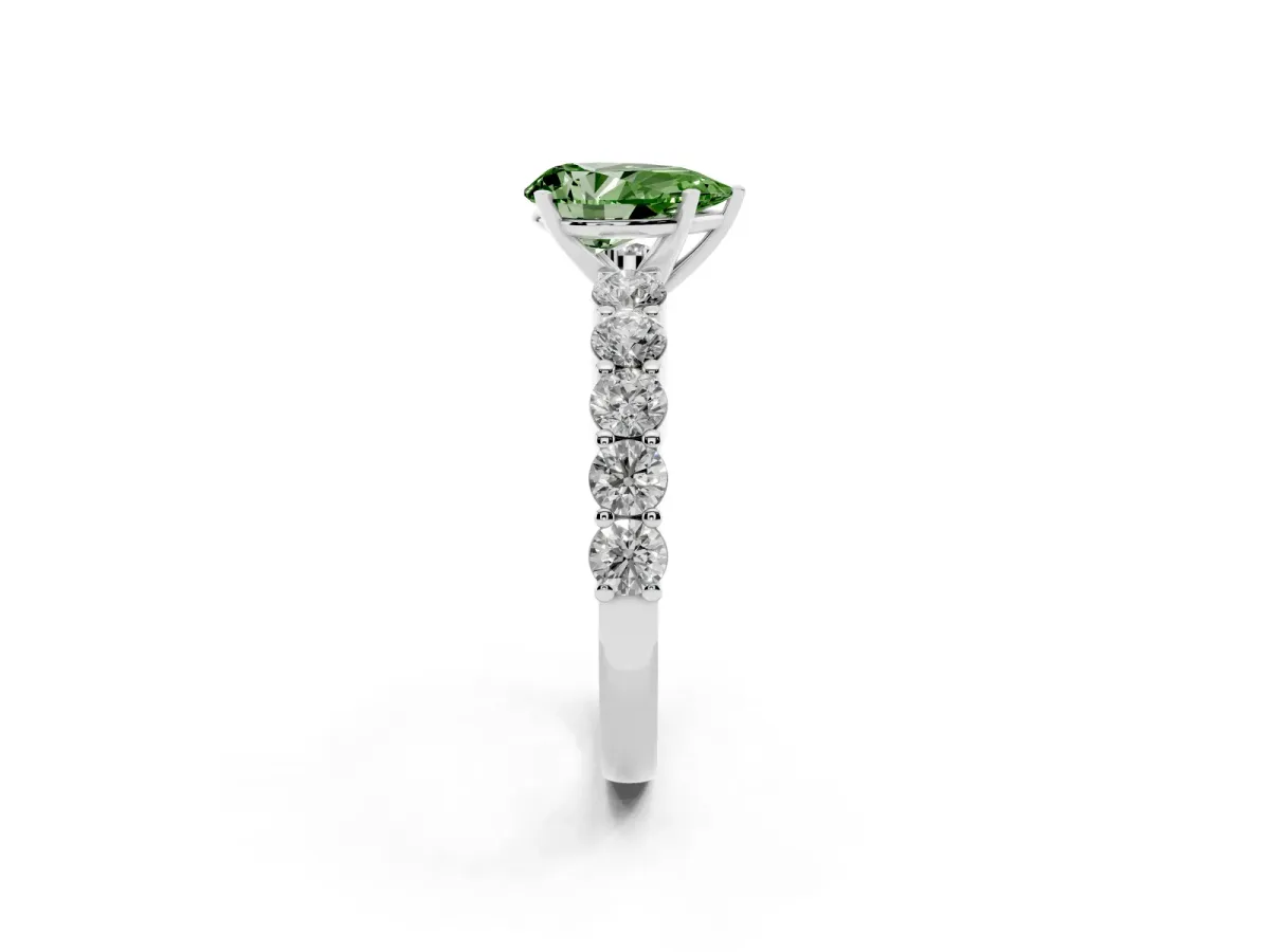 Fancy Green Pear Cut Diamond Solitaire Ring with Shared Prong Round Side Stones Silver