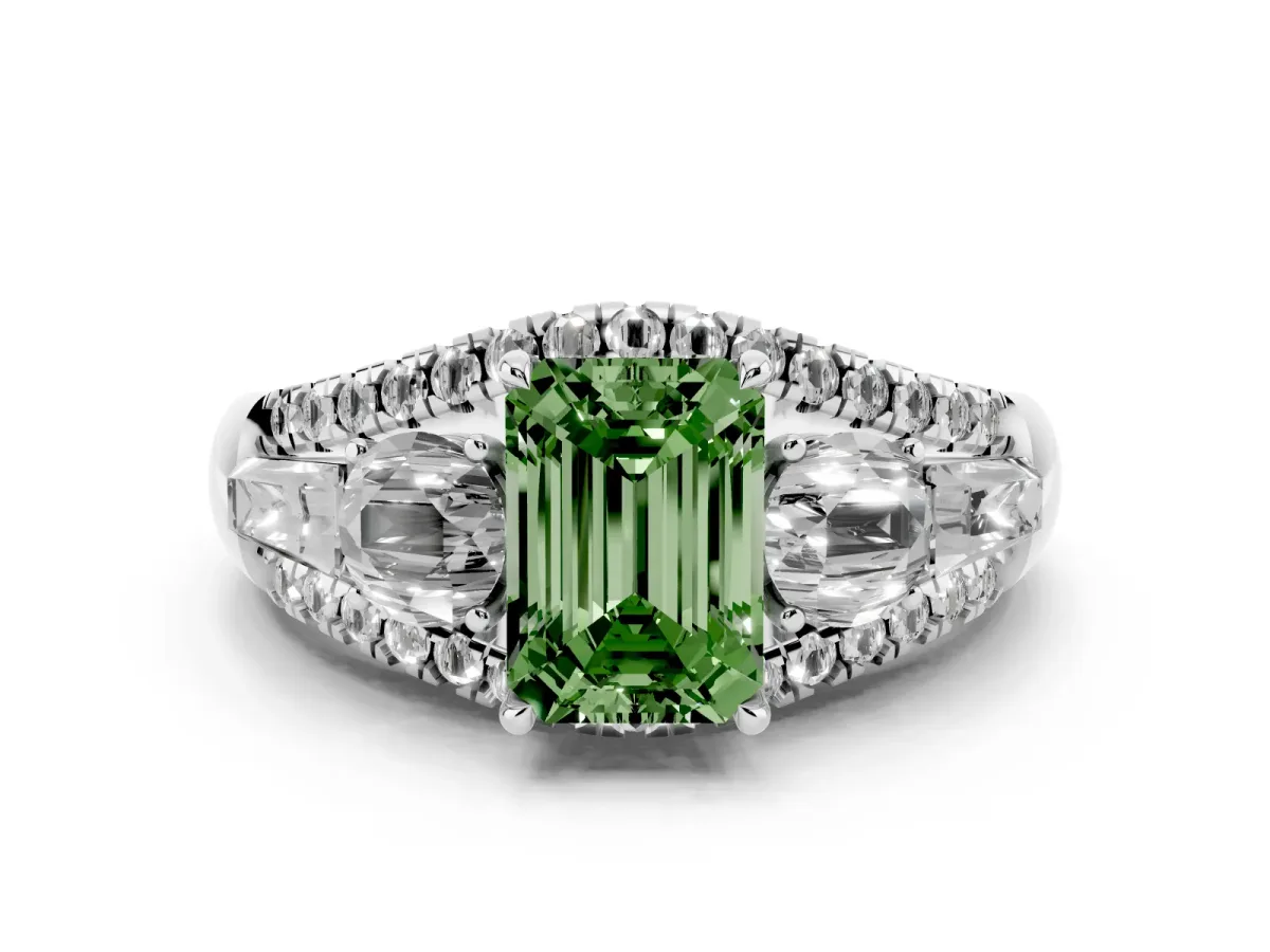 Fancy Green Three-Stone Emerald Cut Diamond Engagement Ring with Pave Band and Prong Setting Silver