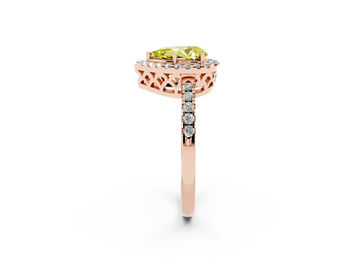 Fancy Yellow Pear Cut Halo Diamond Engagement Ring with Pavé Band and Four-Prong Setting Rose gold
