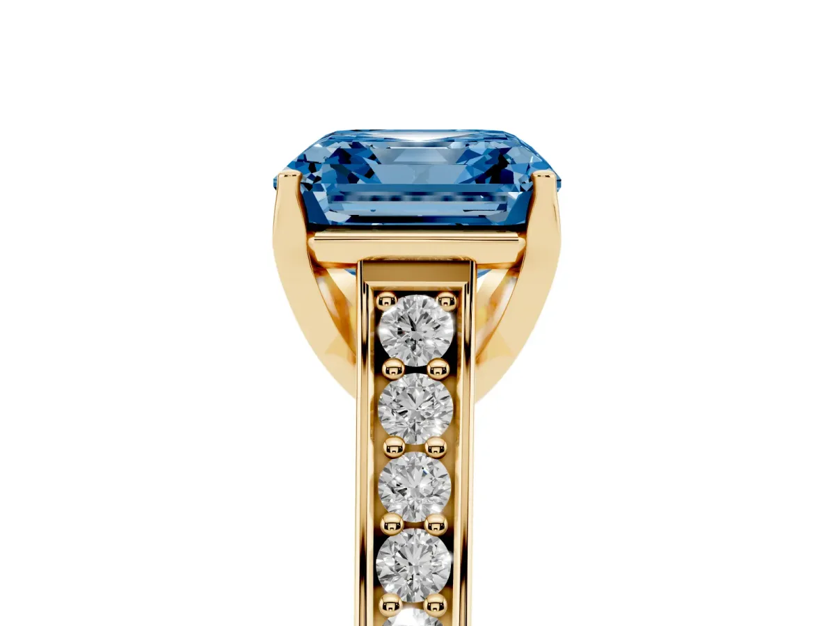 Fancy Blue Asscher Cut Brilliant Cut Diamond Engagement Ring with Pavé Band and Four-Prong Setting Yellow gold