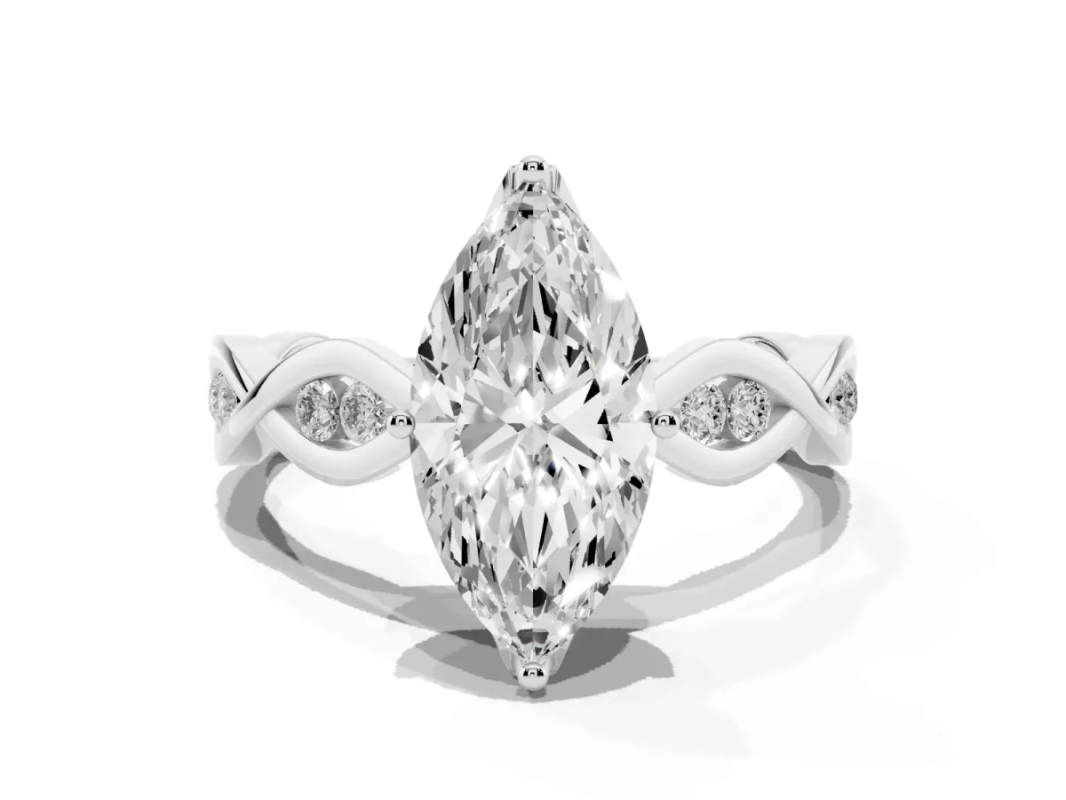 Marquise Cut Solitaire Twist Band with Leaf Prong Setting Silver