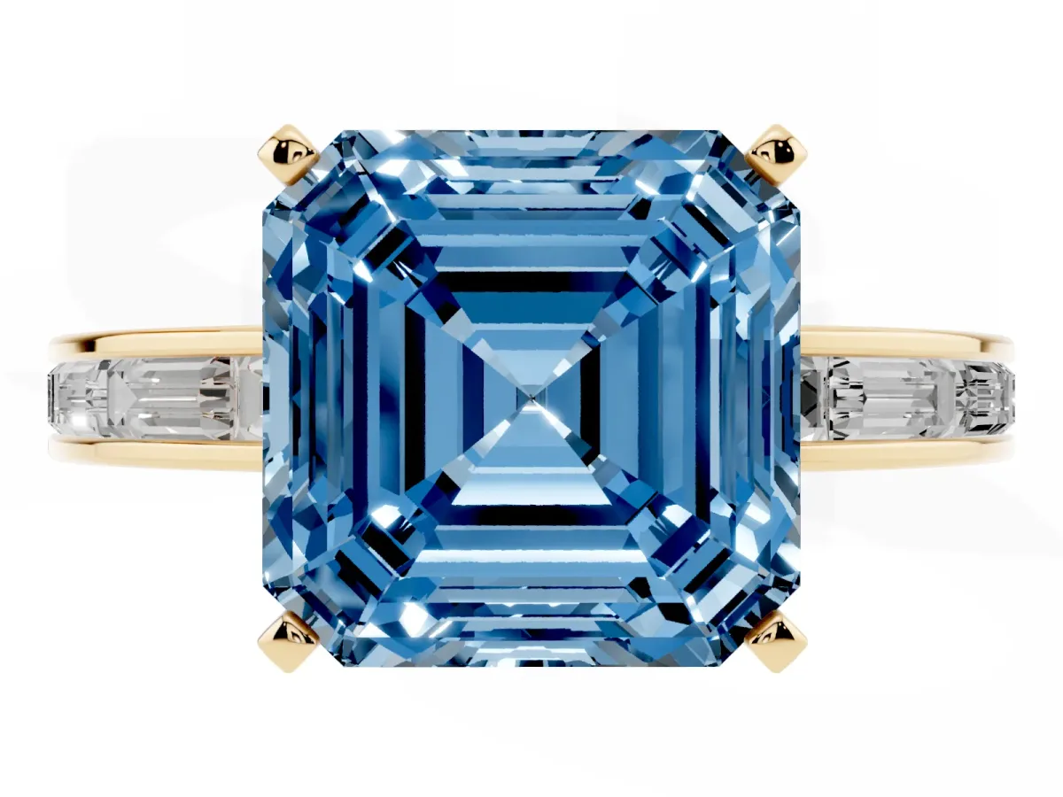 Fancy Blue Asscher Cut Solitaire Diamond Ring with Channel-Set Baguette Band and Four-Prong Setting Yellow gold
