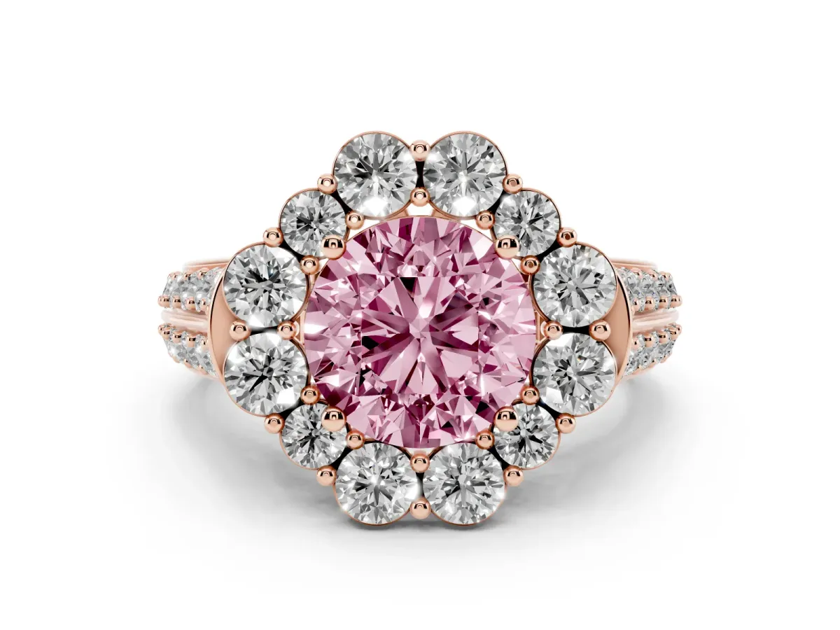 Fancy Pink Round Cut Halo Diamond Engagement Ring with Split Shank and Prong Setting Rose gold