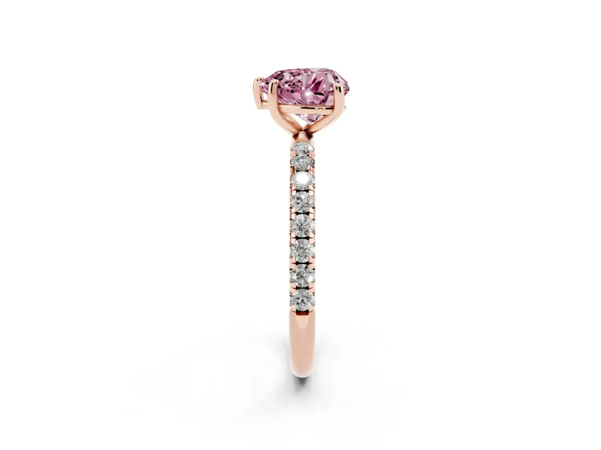 Fancy Pink Heart Cut Cut Diamond Solitaire Ring with Micro Pave Band and Four Prong Setting Rose gold