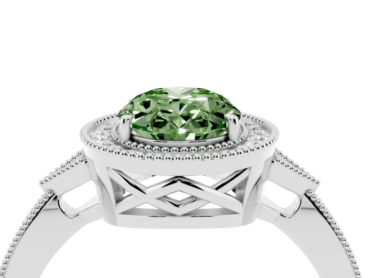 Fancy Green Oval Cut Halo Round Diamond Milgrain Pave Engagement Ring Silver