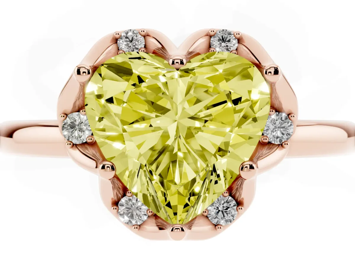 Fancy Yellow Heart Cut Halo Diamond Ring with Round Cluster Setting, Solitaire Band, and Four-Prong Setting Rose gold