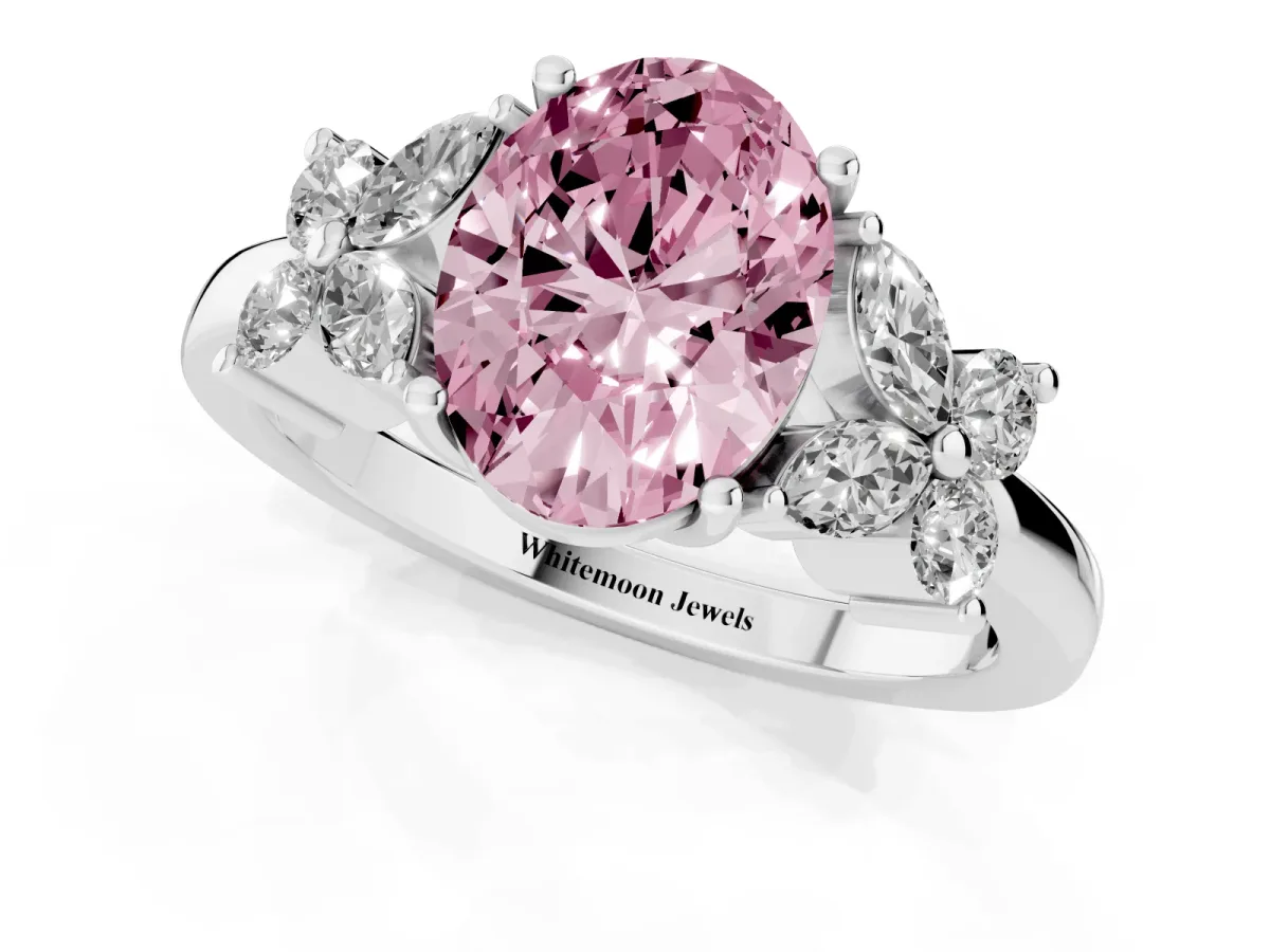 Fancy Pink Oval Cut Diamond Floral Cluster Ring with Solitaire Band and Prong Setting White gold