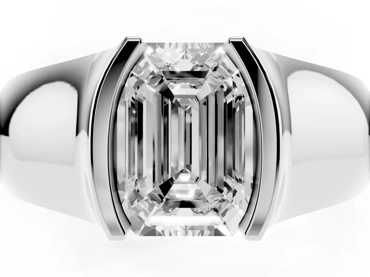 Emerald Cut Solitaire Bezel Set Diamond Ring with Wide Band Silver