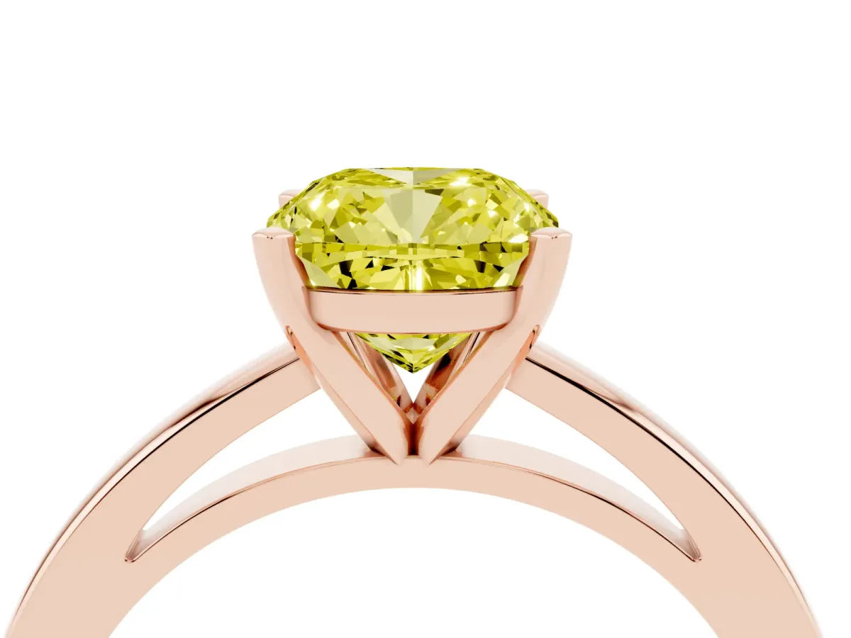 Fancy Yellow Cushion Cut Solitaire Diamond Engagement Ring with Four-Prong Setting on a Classic Band Rose gold