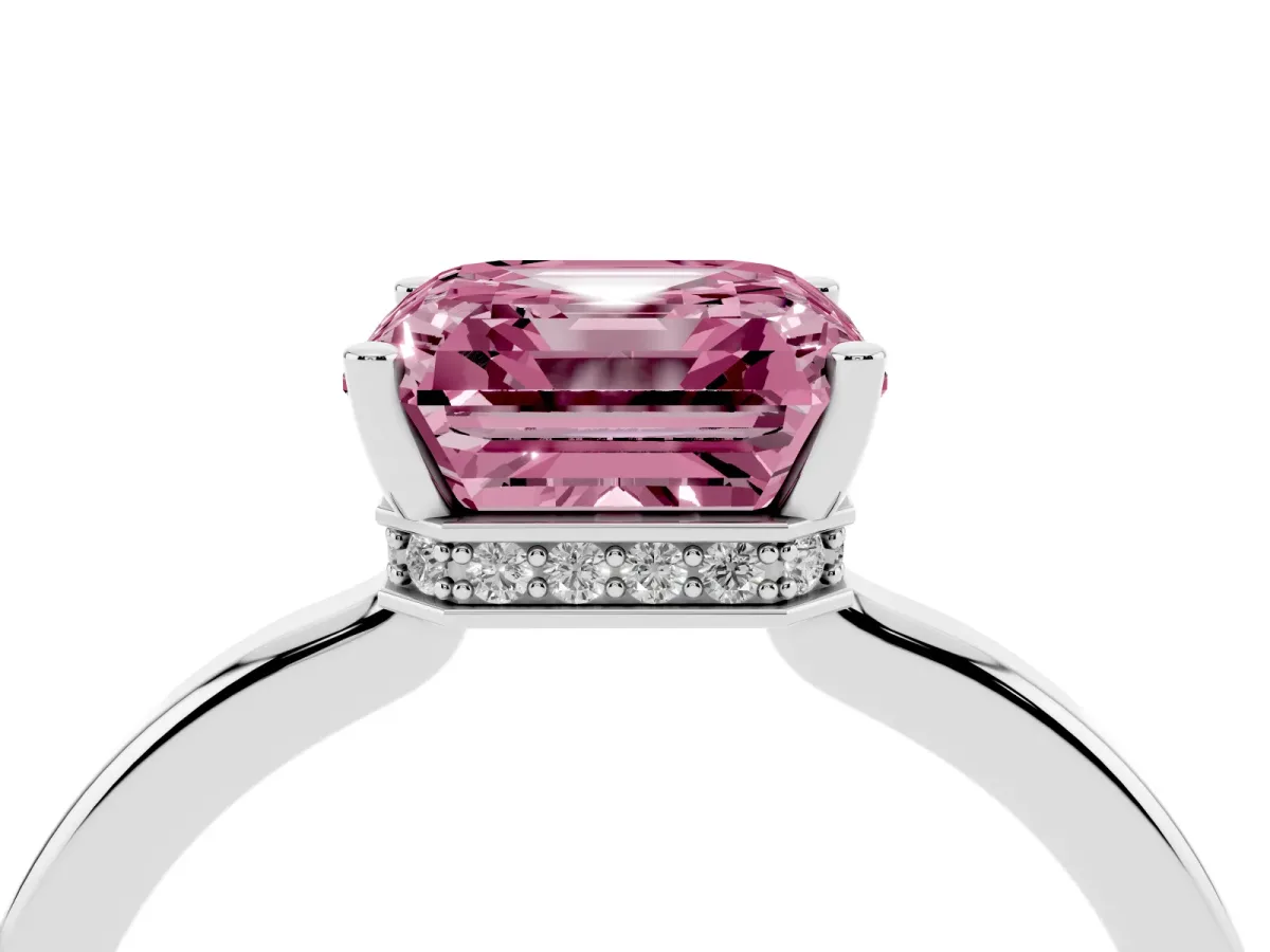 Fancy Pink Asscher Cut Cut Solitaire Engagement Ring with Four-Prong Setting on a Classic Band Silver
