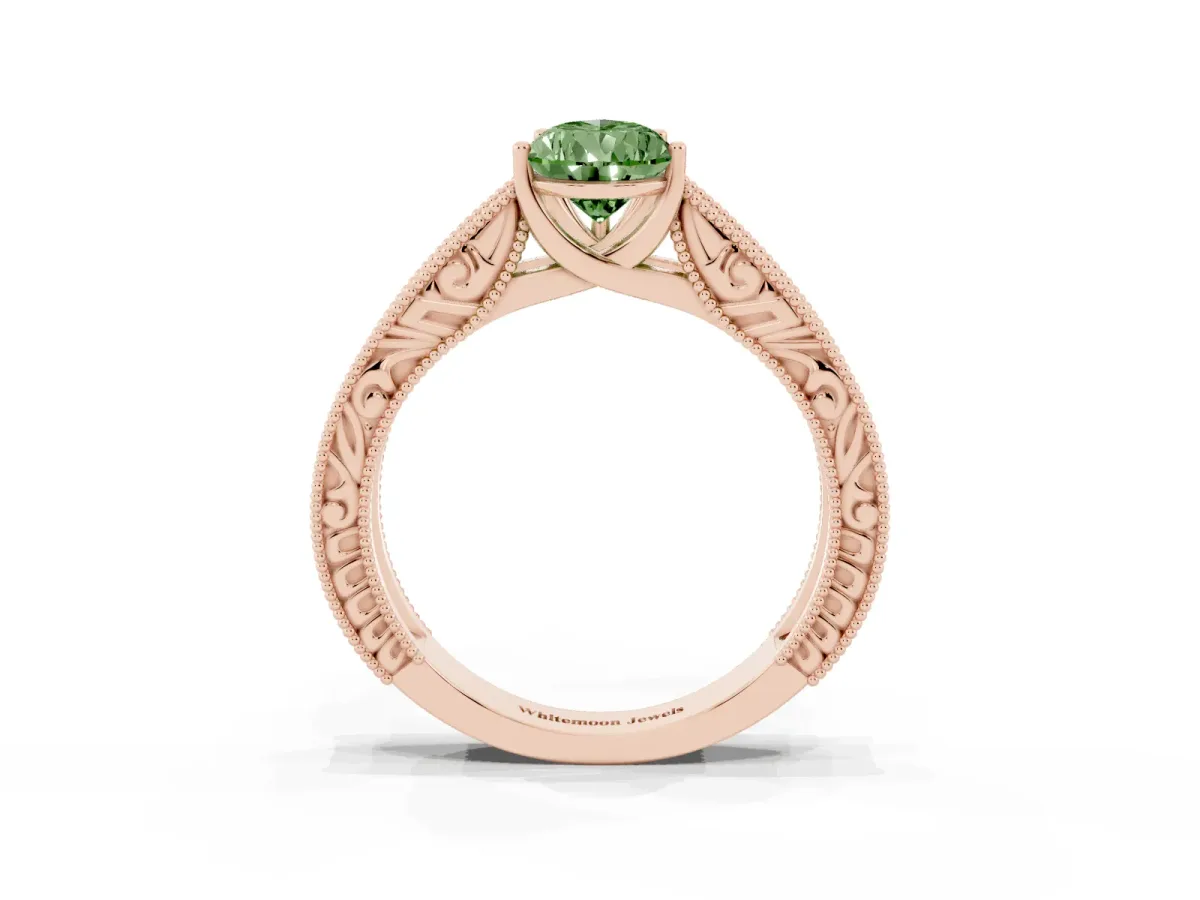 Fancy Green Pear Cut Diamond Solitaire Ring with Engraved Band and Four-Prong Setting Rose gold