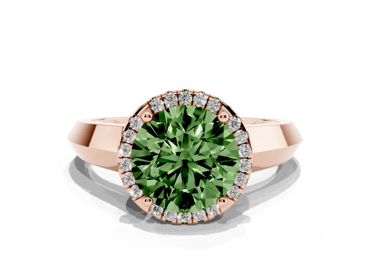 Fancy Green Round Cut Halo Diamond Ring with Cathedral Band and Four-Prong Setting Rose gold
