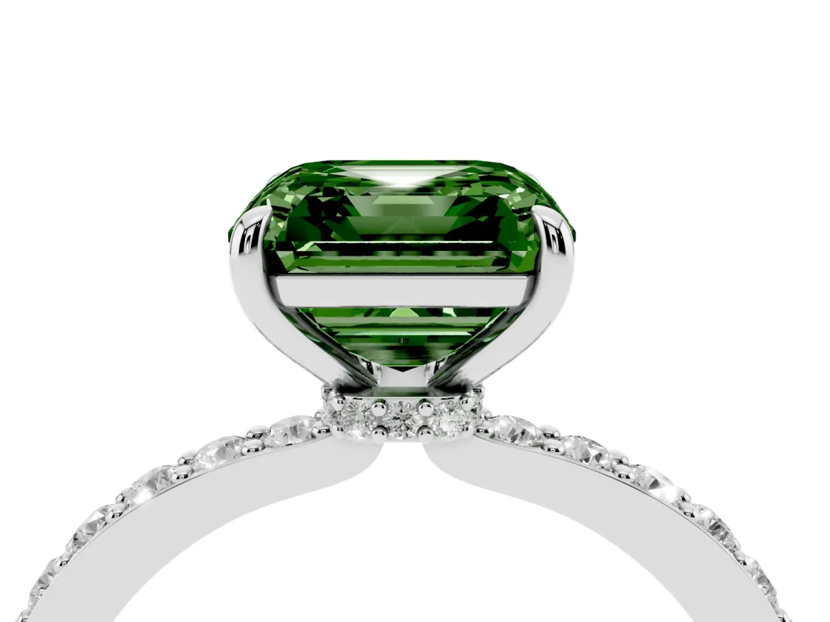 Fancy Green Asscher Cut Diamond Solitaire Engagement Ring with Pavé Band and Four-Prong Setting White gold