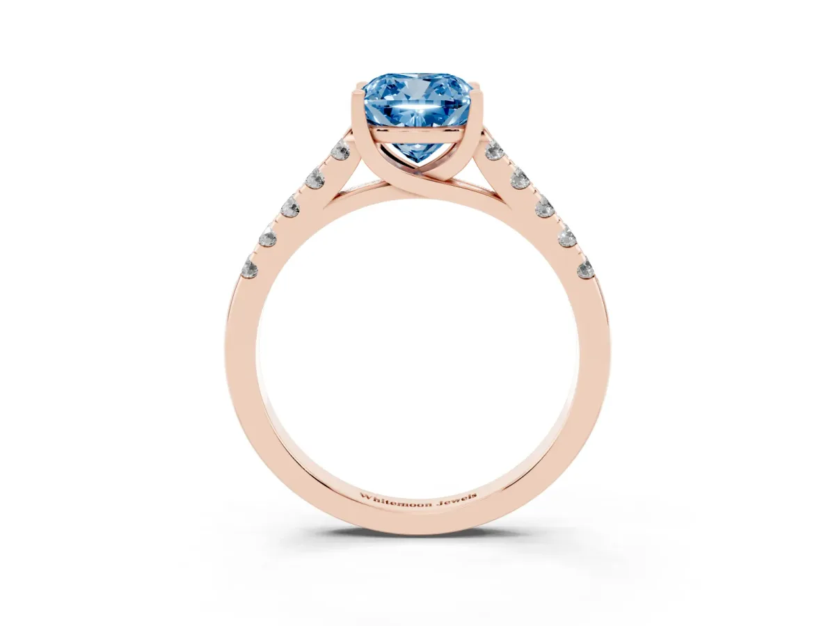 Fancy Blue Cushion Cut Diamond Pavé Band Solitaire Ring with Prong Setting Rose gold