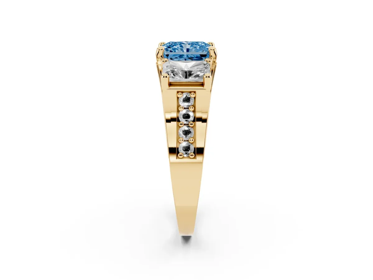 Fancy Blue Radiant Cut Diamond Three-Stone Ring with Channel Set Band and Four-Prong Setting Yellow gold
