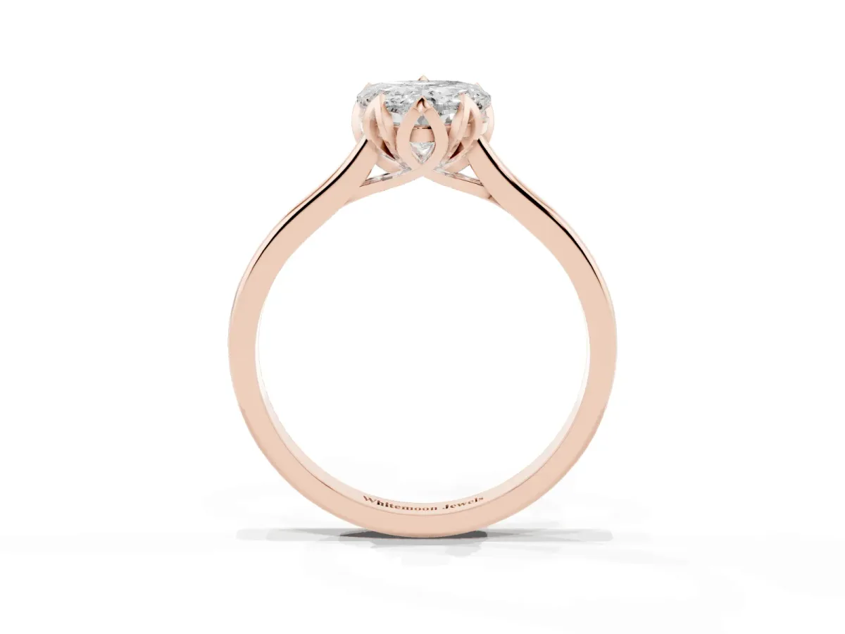 Heart Cut Diamond Solitaire Ring with Flower Prong Setting and Classic Band Rose gold