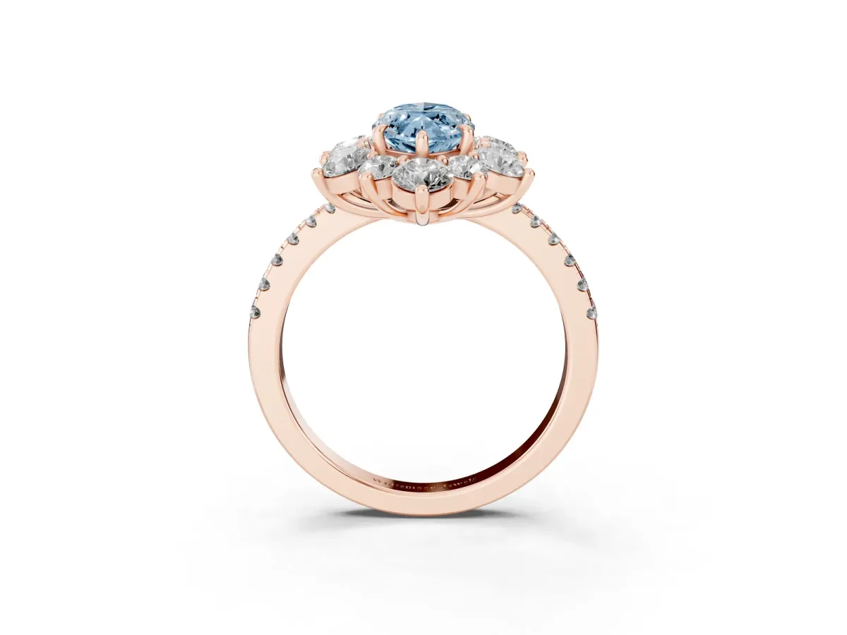 Fancy Blue Marquise Cut Diamond Floral Halo Ring with Round Pavé Band and Prong Setting Rose gold