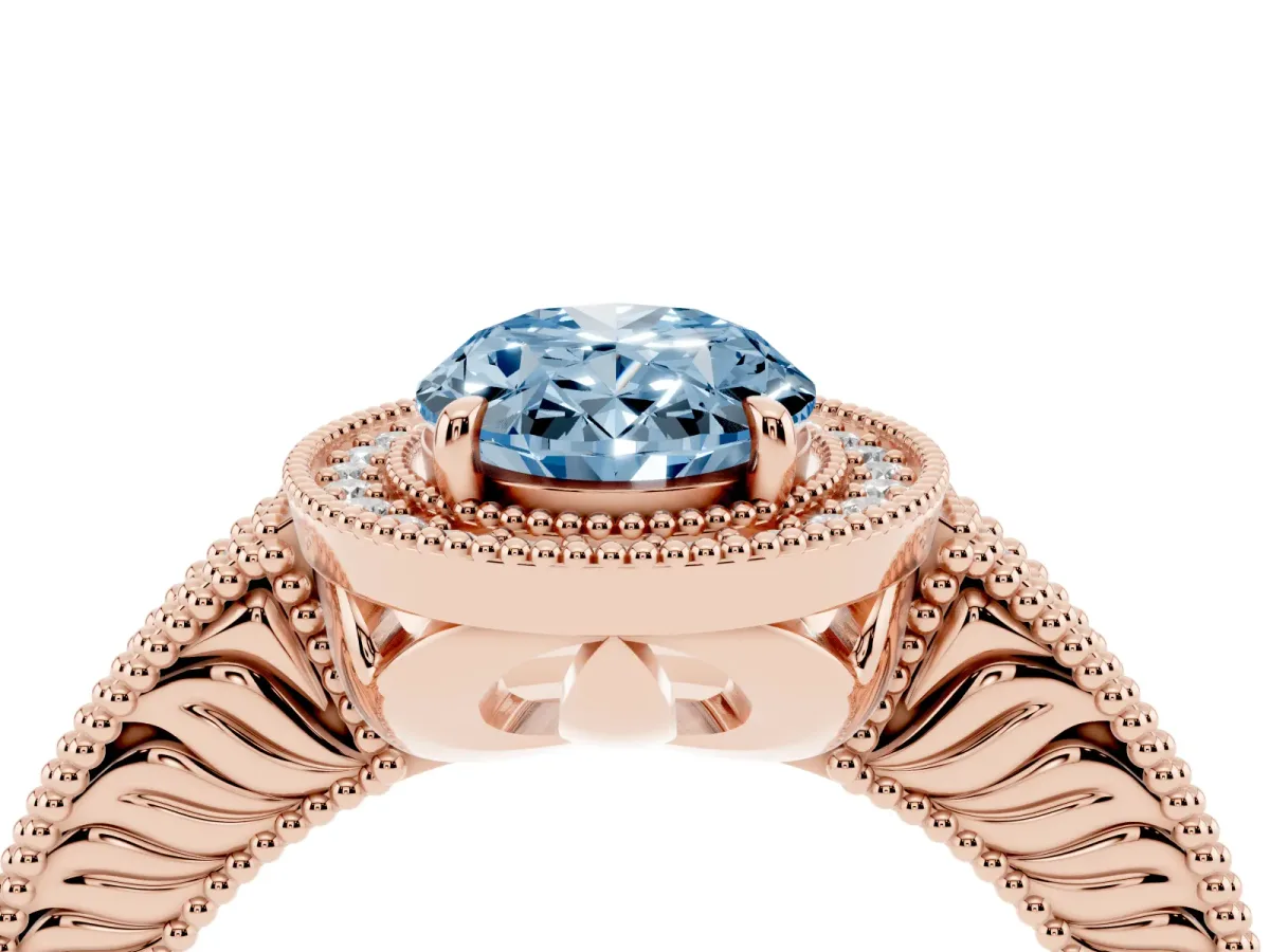 Fancy Blue Oval Cut Cut Halo Diamond Ring with Pavé Band and Four-Prong Setting Rose gold