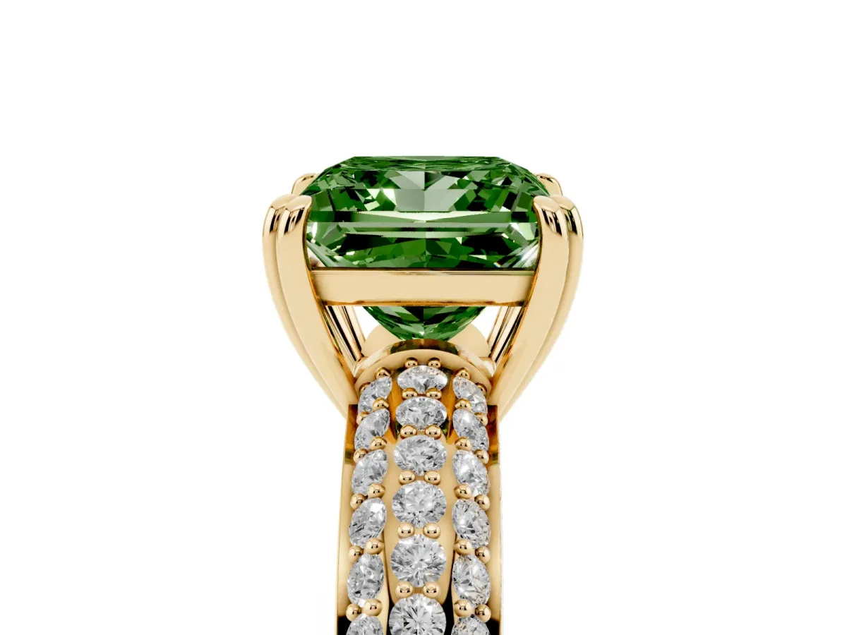 Fancy Green Princess Cut Diamond Solitaire Ring with Multi-Row Round Pavé Band and Prong Setting Yellow gold