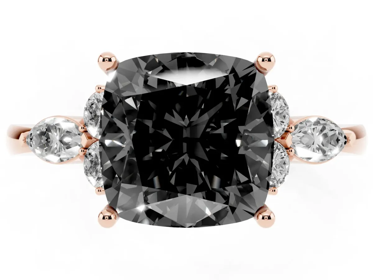 Fancy Black Cushion Cut Brilliant Diamond Solitaire Ring with Pear Side Stones and Four-Prong Setting Rose gold