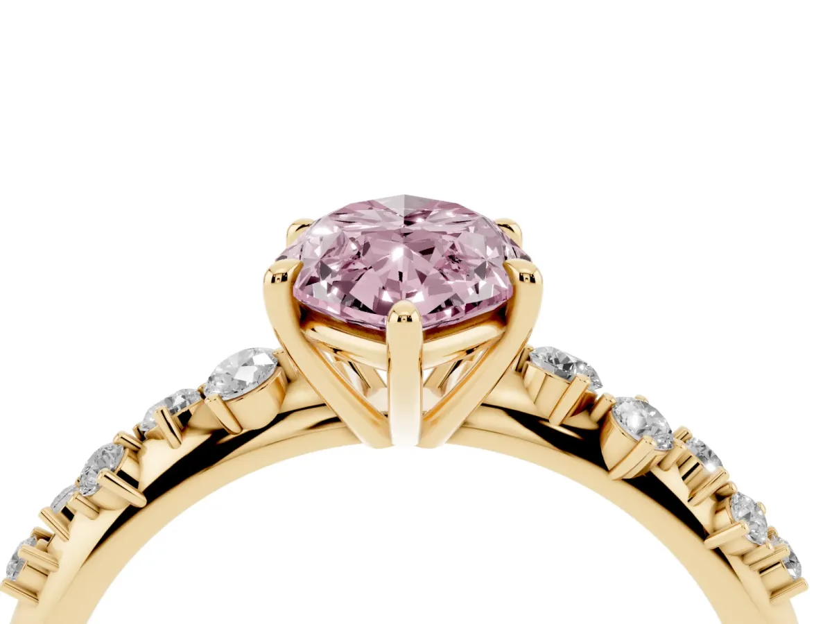 Fancy Pink Marquise Cut Diamond Cluster Side Stone Solitaire Ring with Prong Setting Yellow gold