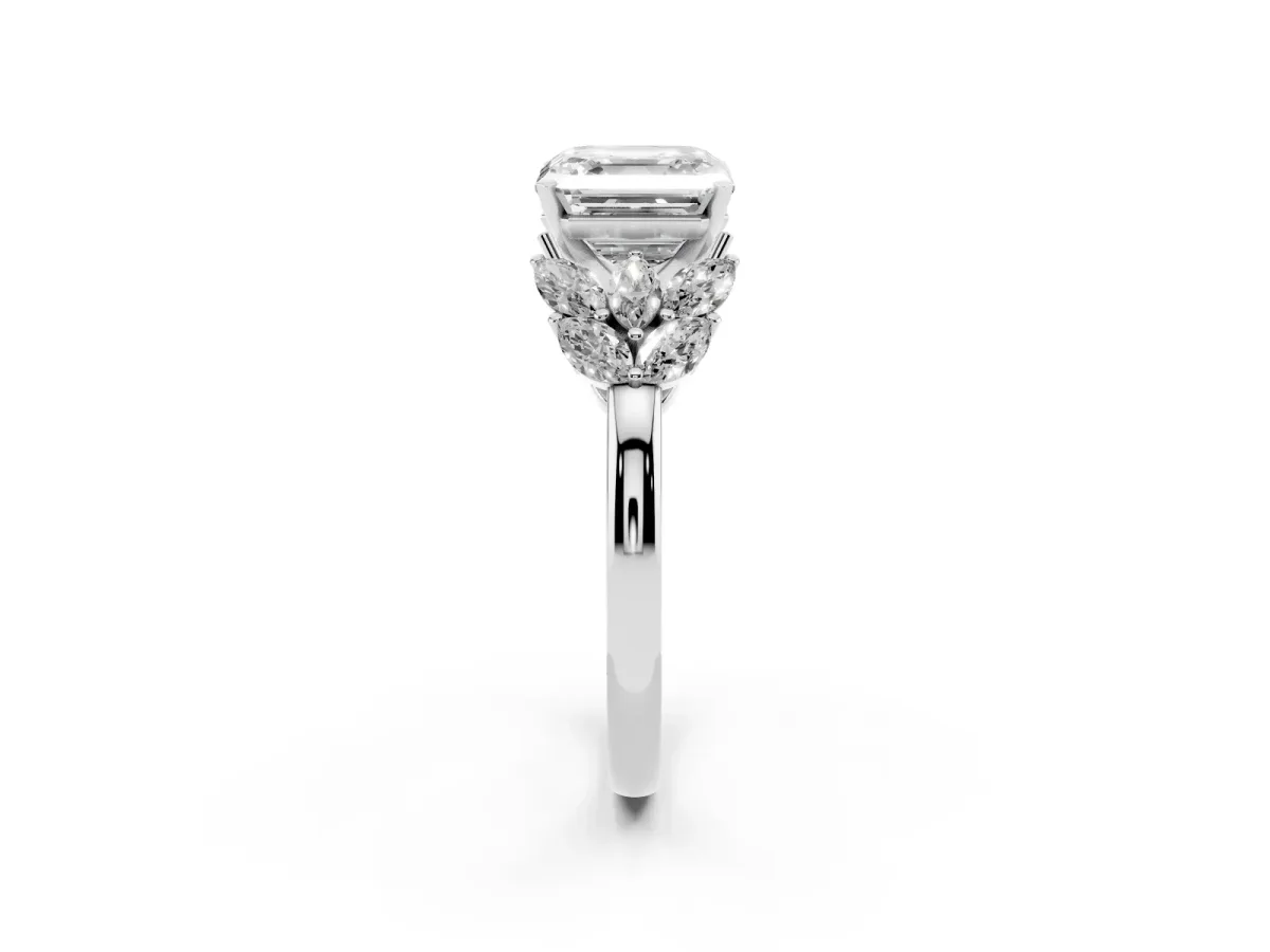 Asscher Cut Diamond Cluster Leaf Design Ring with Prong Setting White gold