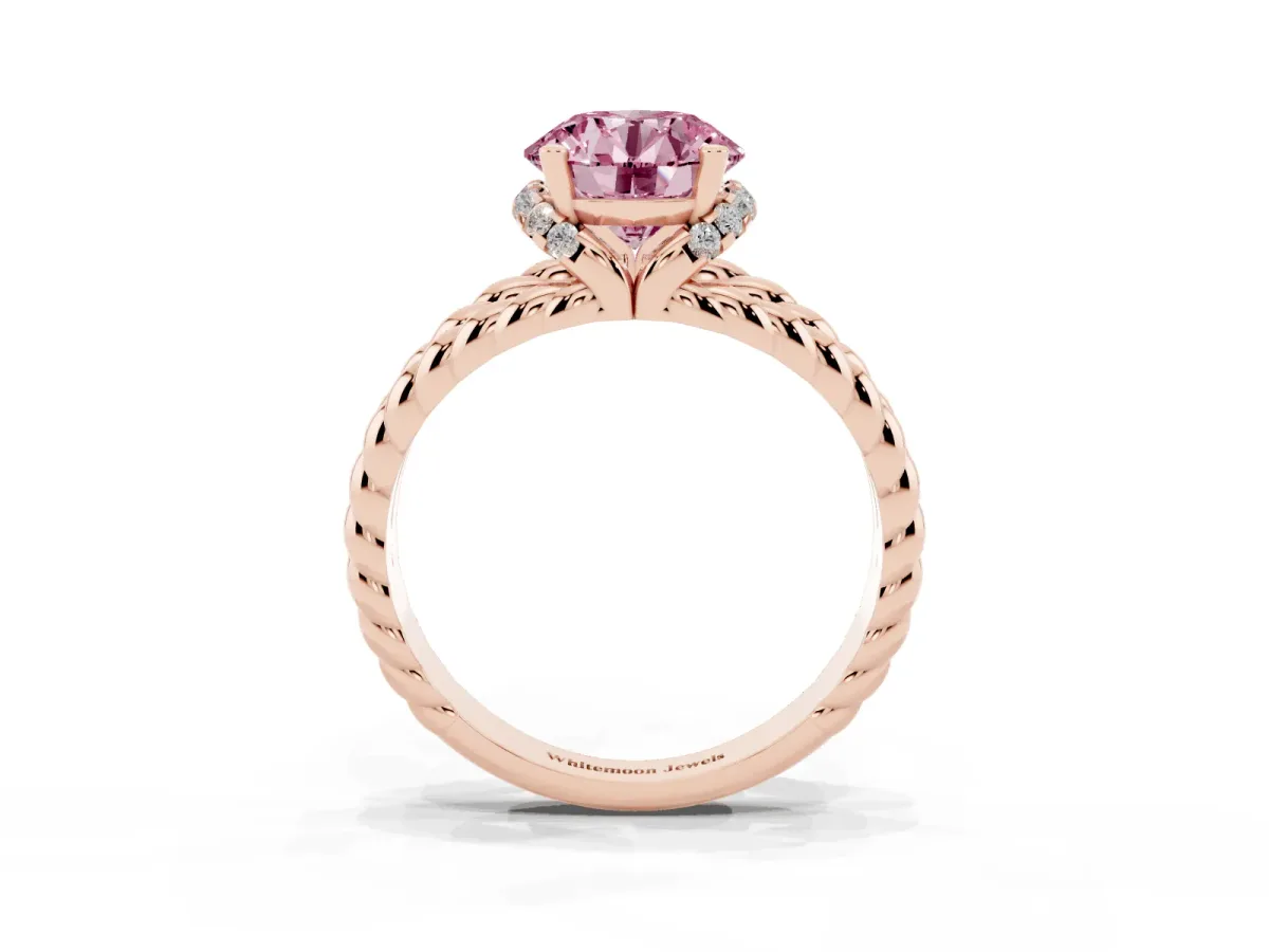 Fancy Pink Round Cut Halo Twisted Band Four-Prong Ring Rose gold