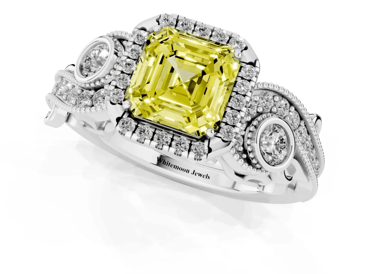 Fancy Yellow Asscher Cut Diamond Halo Ring with Milgrain Pavé Band and Four-Prong Setting Silver