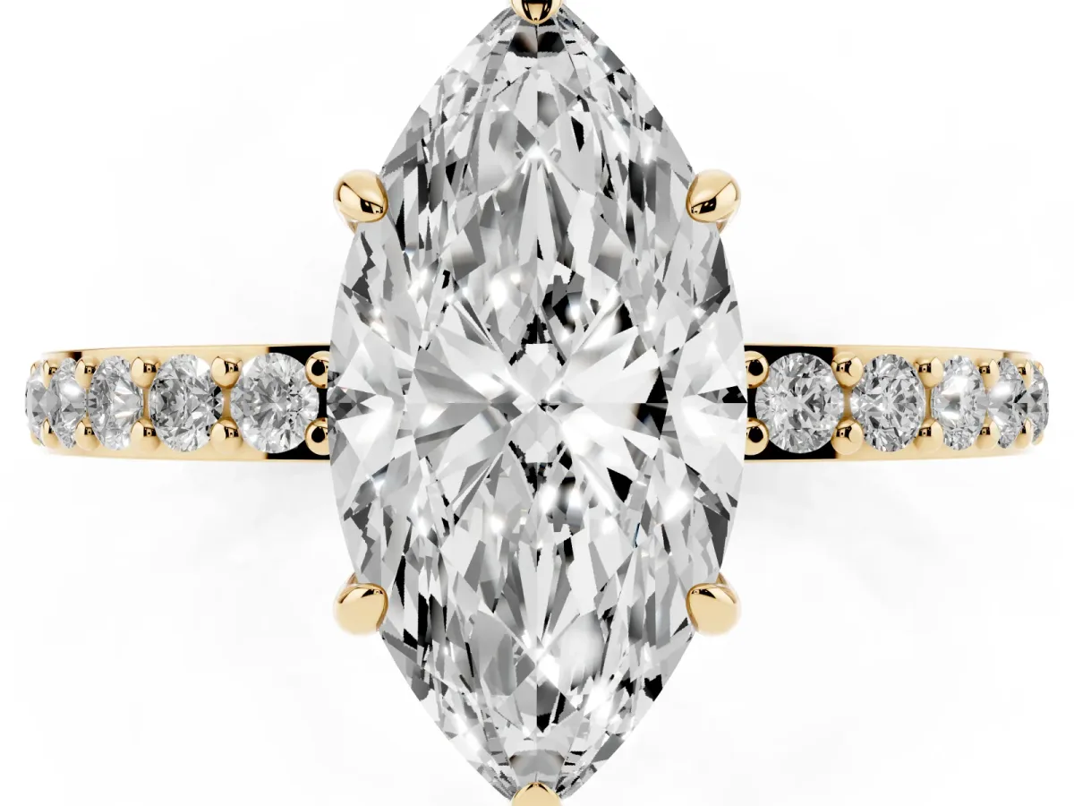 Marquise Cut Diamond Pavé Engagement Ring with Round Accents and Prong Setting Yellow gold