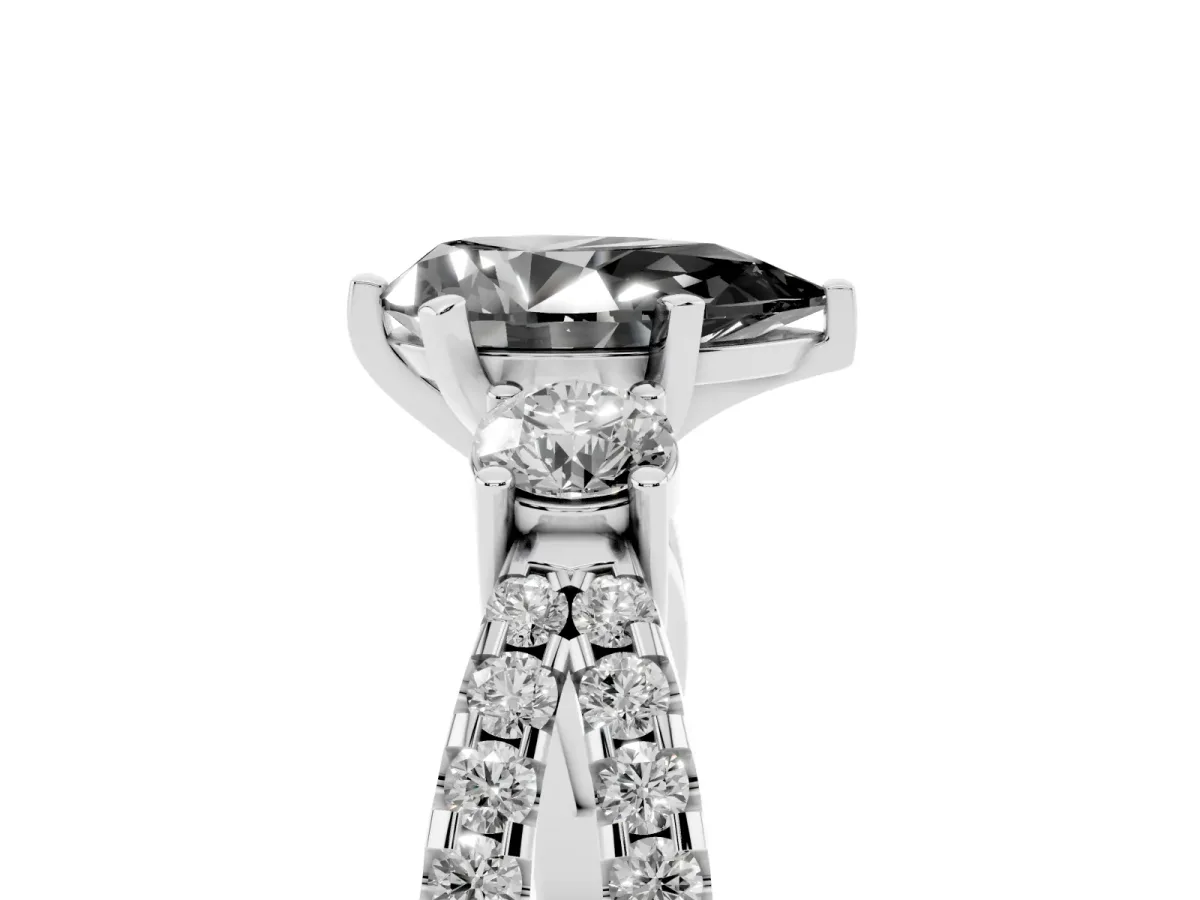 Fancy Black Pear Cut Diamond Three-Stone Ring with Pavé Split Shank and Four-Prong Setting Silver