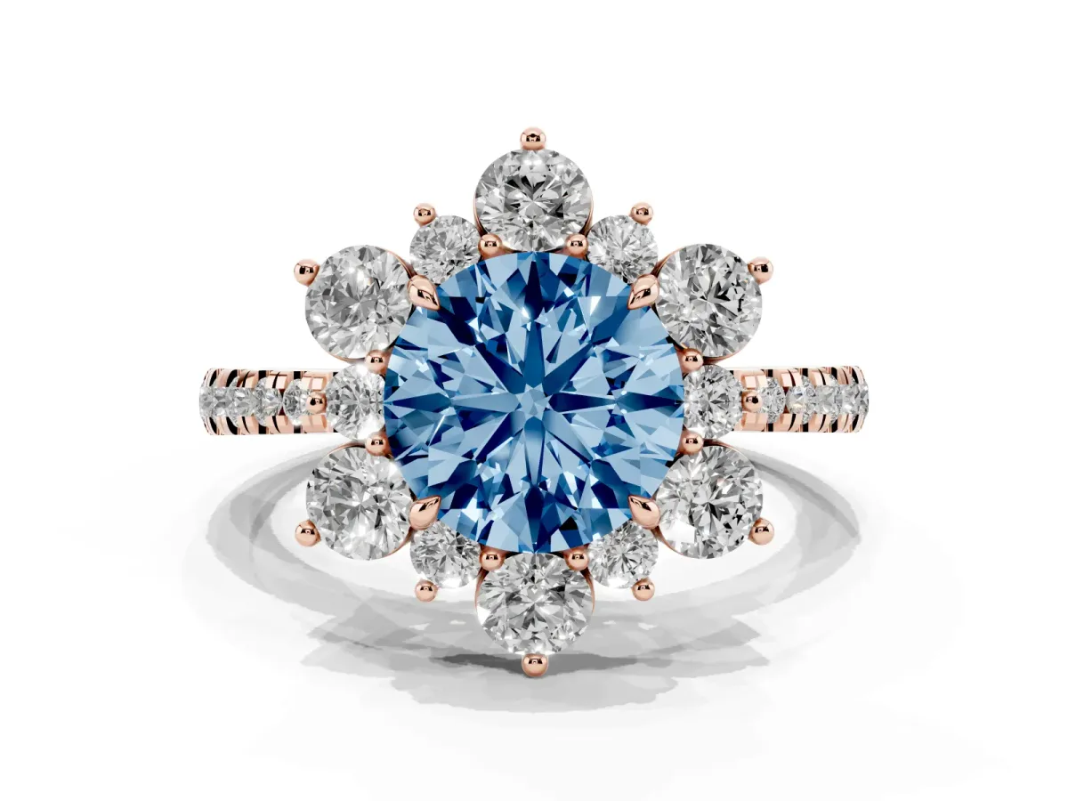 Fancy Blue Round Cut Diamond Floral Halo Ring with Round Pavé Band and Prong Setting Rose gold