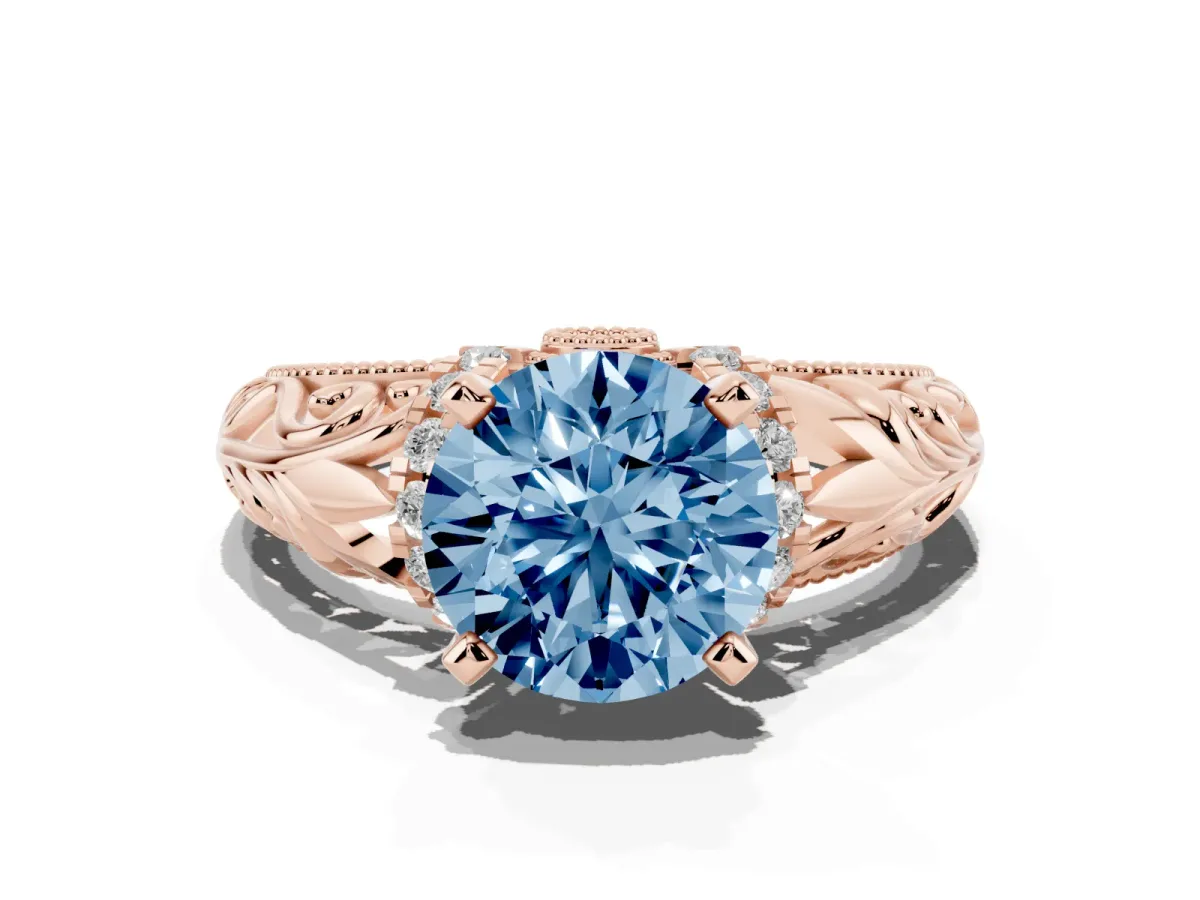 Fancy Blue Round Cut Solitaire Filigree Engagement Ring with Halo and Prong Setting Rose gold