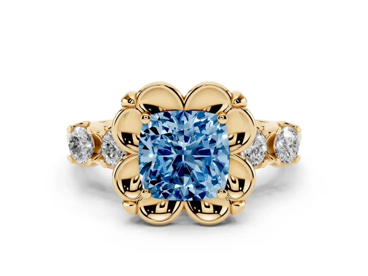 Fancy Blue Cushion Cut Cut Diamond Floral Halo Engagement Ring with Shared Prong Setting Yellow gold