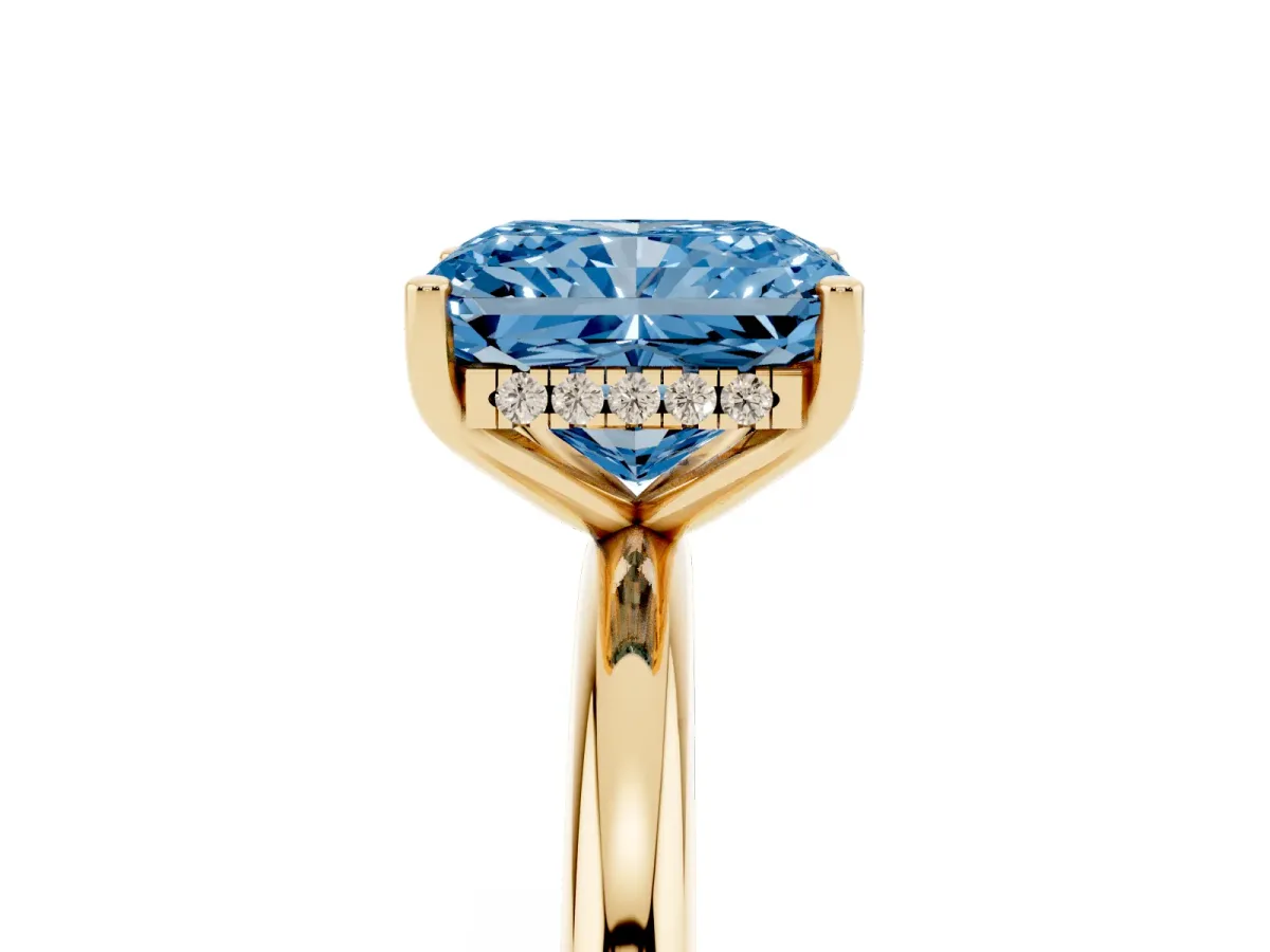Fancy Blue Radiant Cut Cut Solitaire Engagement Ring with Four-Prong Setting and Classic Band Yellow gold