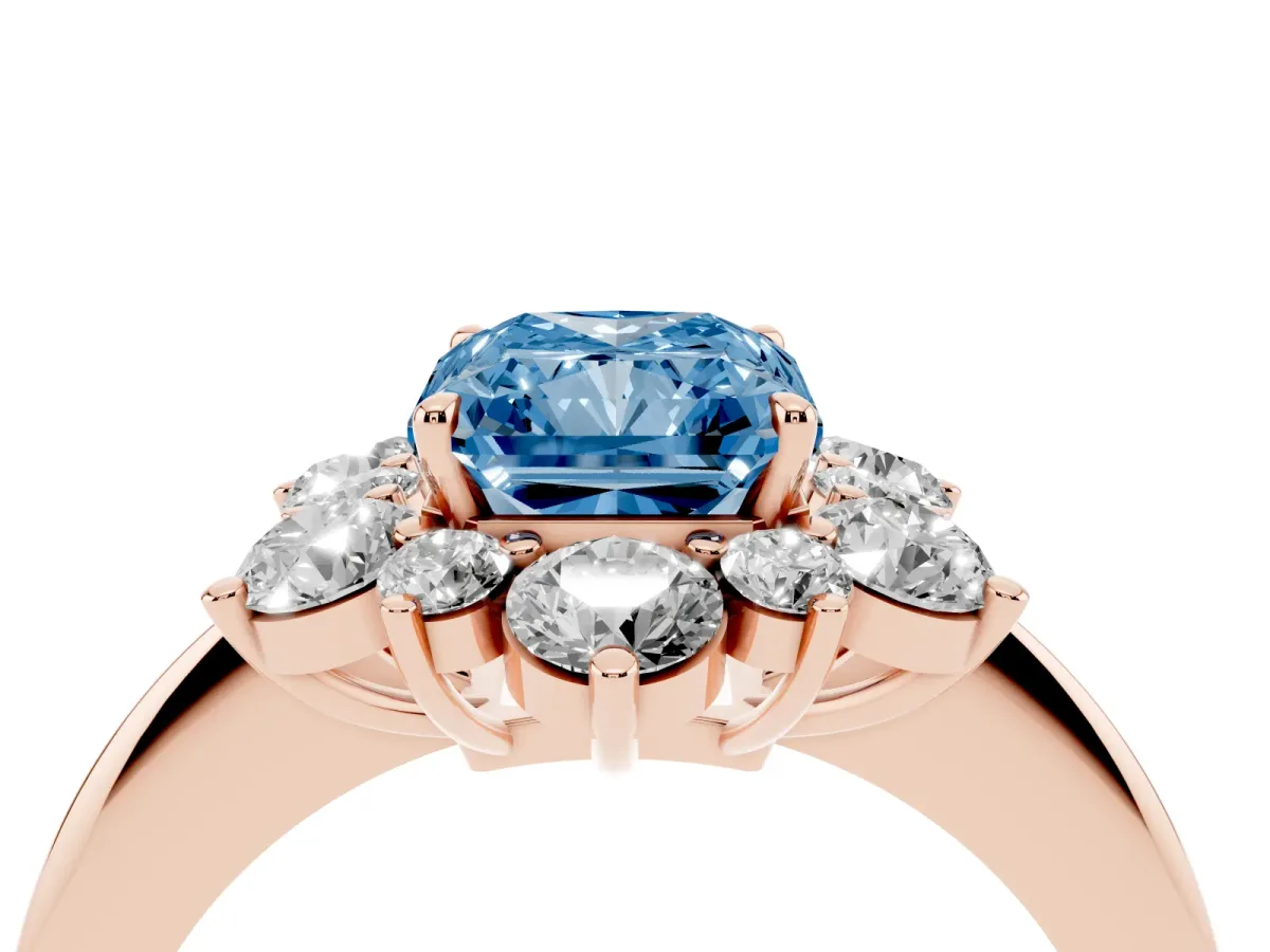 Fancy Blue Radiant Cut Diamond Cluster Halo Ring with Solitaire Band and Four-Prong Setting Rose gold