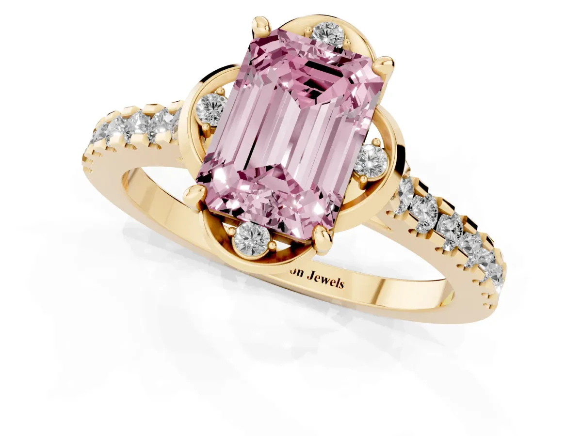 Fancy Pink Emerald Cut Diamond Ring with Pavé Band and Floral Prong Setting Yellow gold