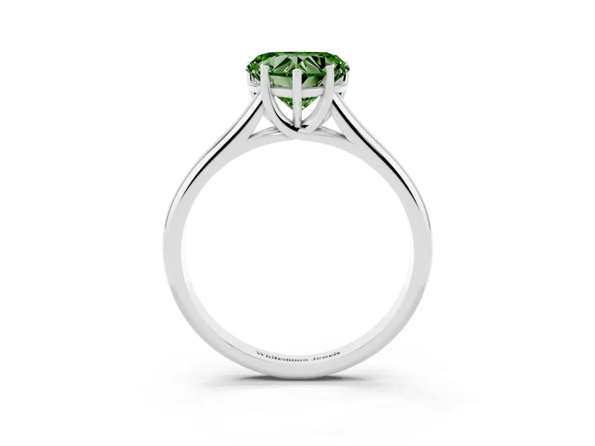 Fancy Green Heart Cut Cut Diamond Solitaire Engagement Ring with Tapered Plain Band and Four-Prong Setting Silver