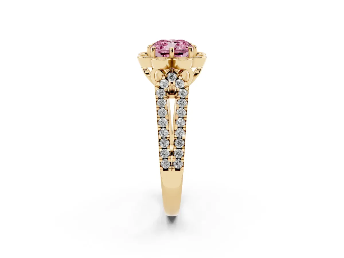 Fancy Pink Cushion Cut Halo Diamond Floral Split Shank Engagement Ring Yellow gold