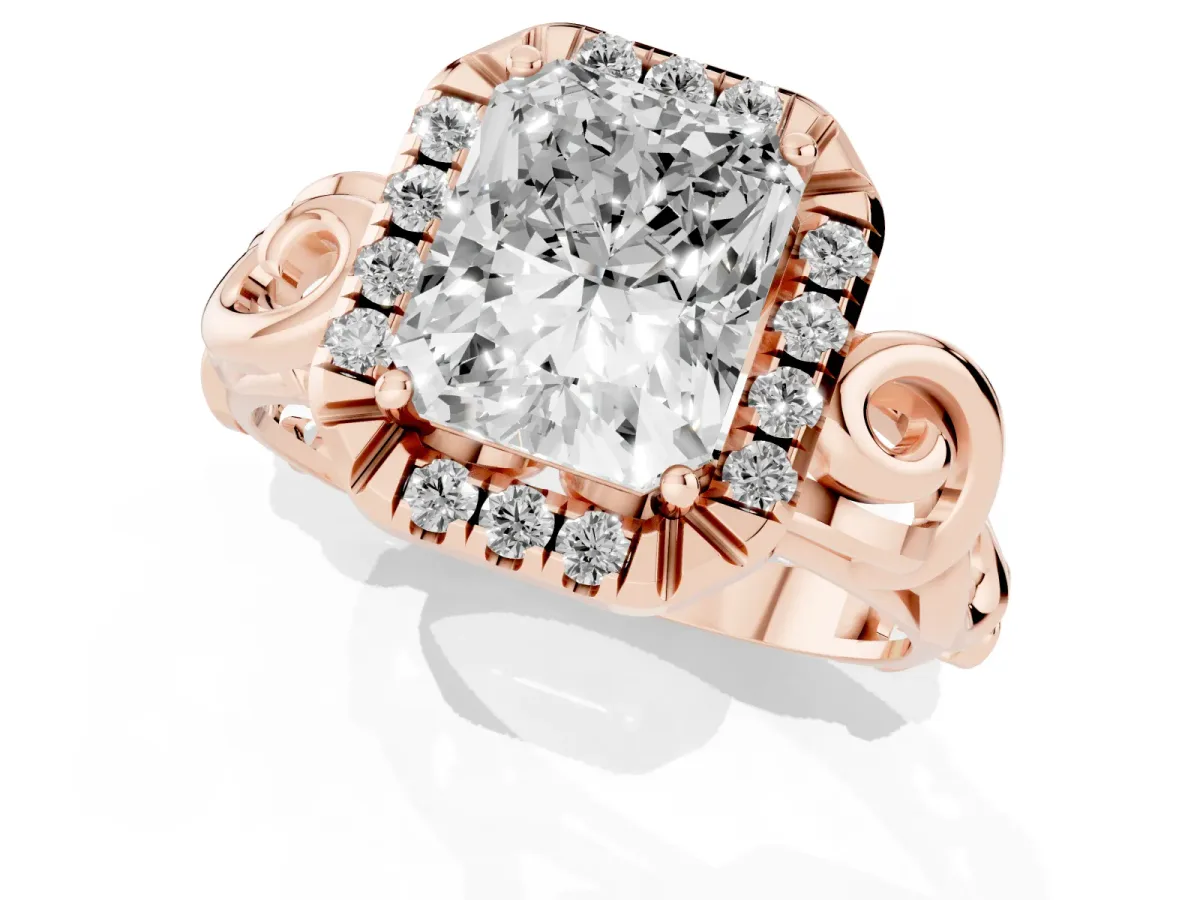 Radiant Cut Cut Halo Diamond Ring with Scrollwork Band and Four-Prong Setting Rose gold