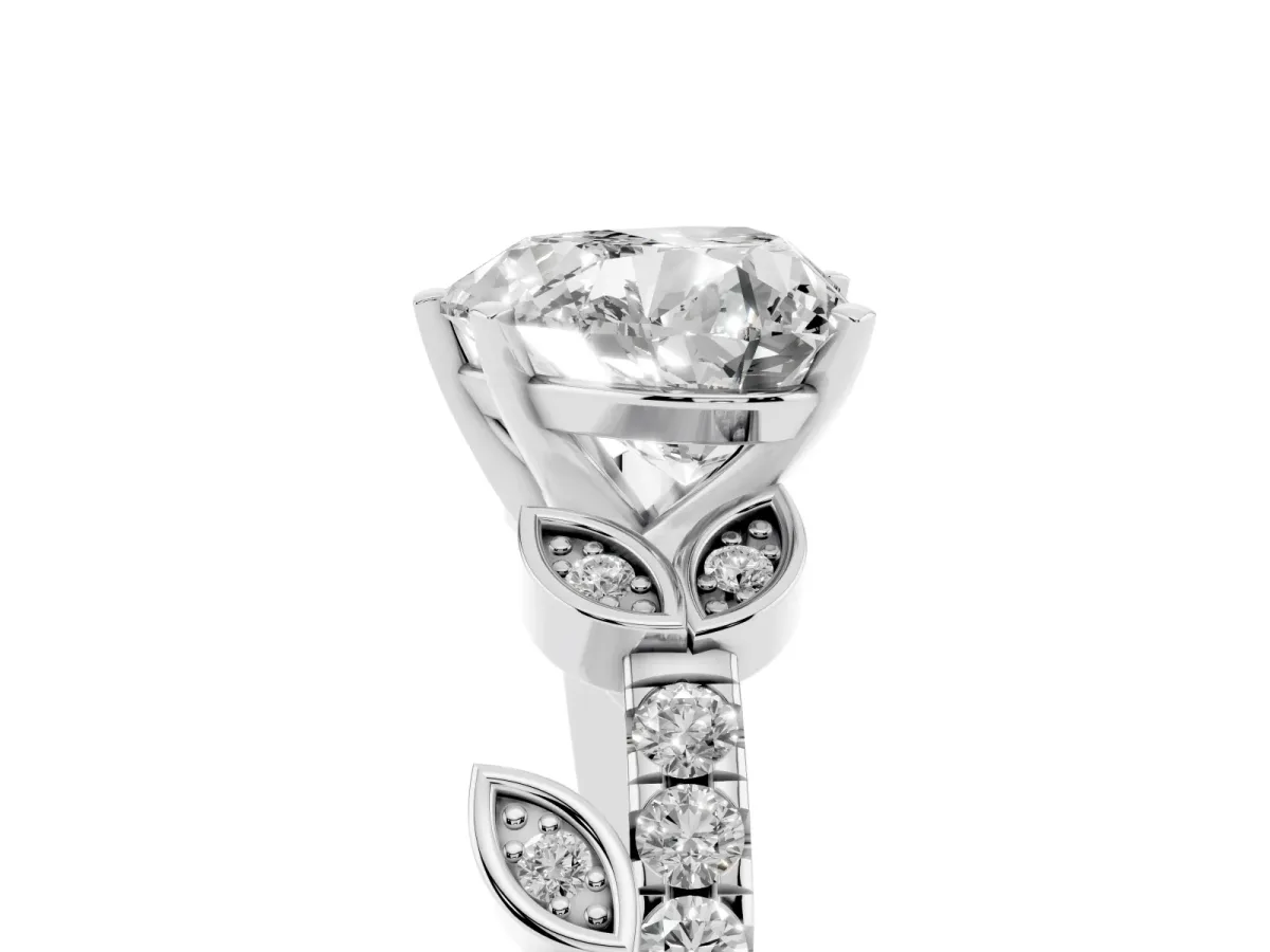 Heart Cut Solitaire Leaf-Inspired Diamond Ring with Pavé Band and Four-Prong Setting Silver