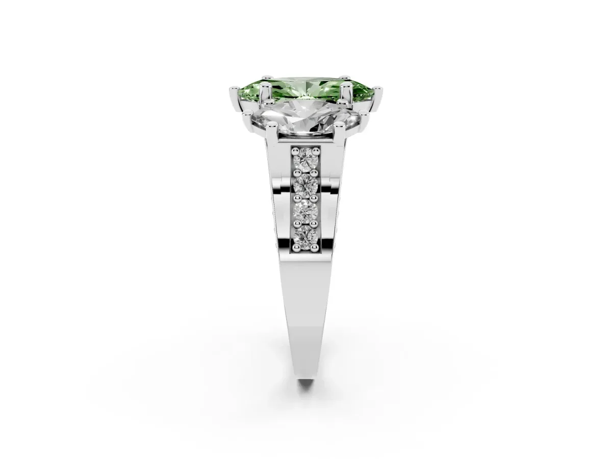 Fancy Green Marquise Cut Diamond Three-Stone Ring with Channel Set Band and Four-Prong Setting Silver
