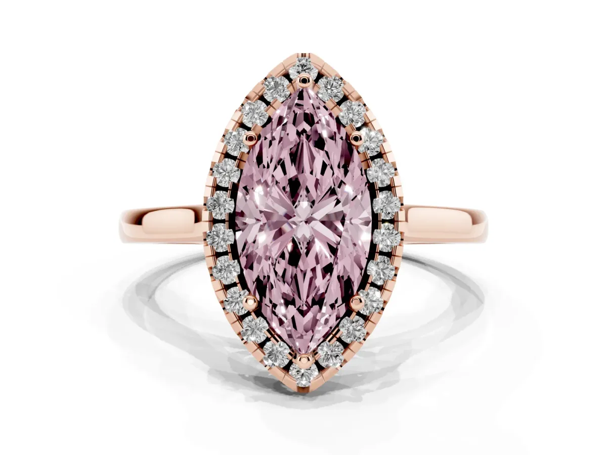 Fancy Pink Marquise Cut Halo Round Diamond Solitaire Ring with Pavé Band and Four-Prong Setting Rose gold